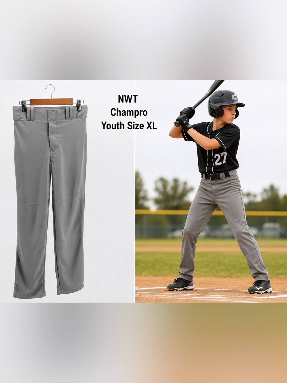 Champro Youth XL Gray Baseball Pants NWT (flawed) Double Knee Snap Waist Sports